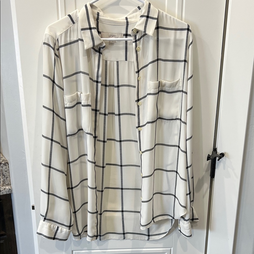 LOFT Ivory and Black Checkered Blouse
